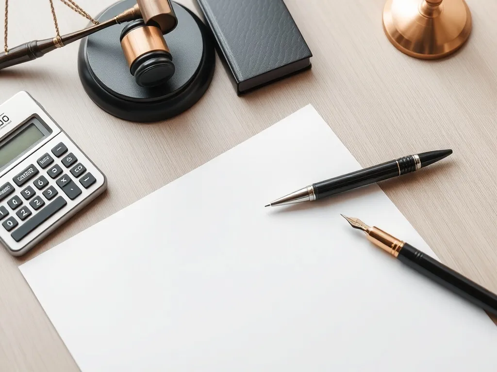 A professional office desk with legal documents, a calculato