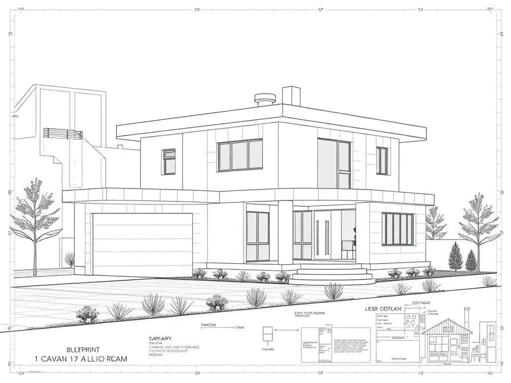 A technical architectural blueprint of a modern residential
